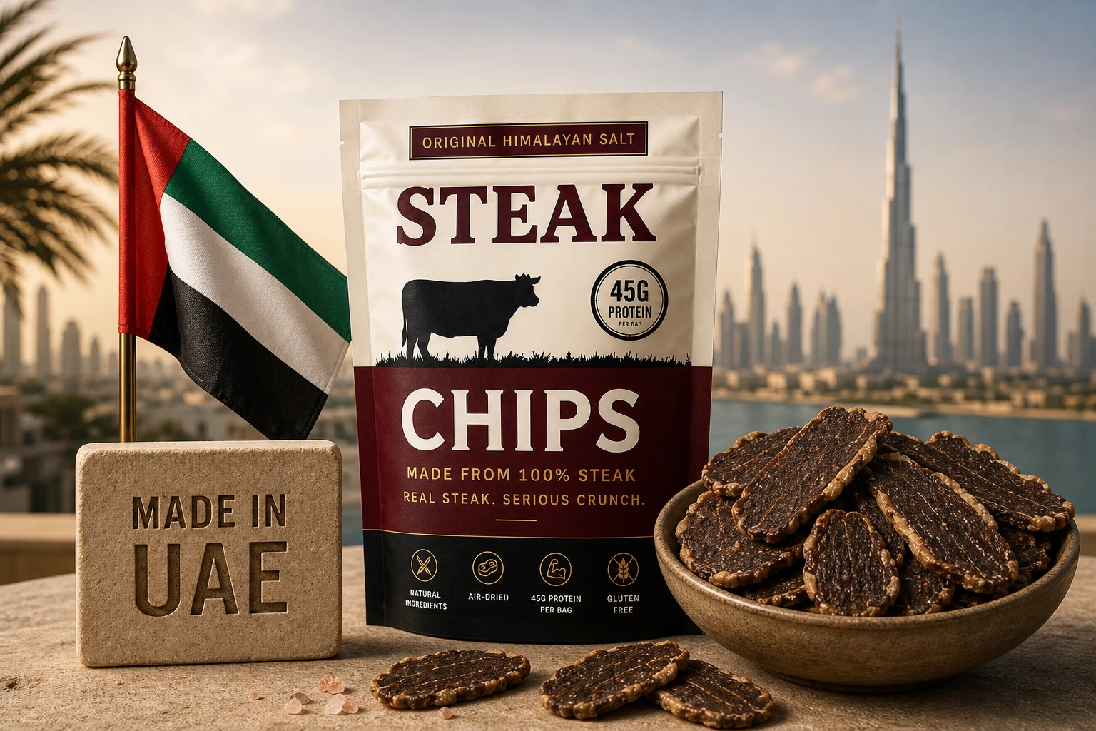 Steak Chips pouch beside a UAE flag, a Made in UAE stone and a bowl of steak chips with the Dubai skyline behind